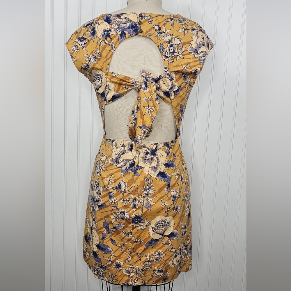 Anthropologie Tie-Back‎ Utility Mini Dress Gold Floral Size 10 - Picture 5 of 13